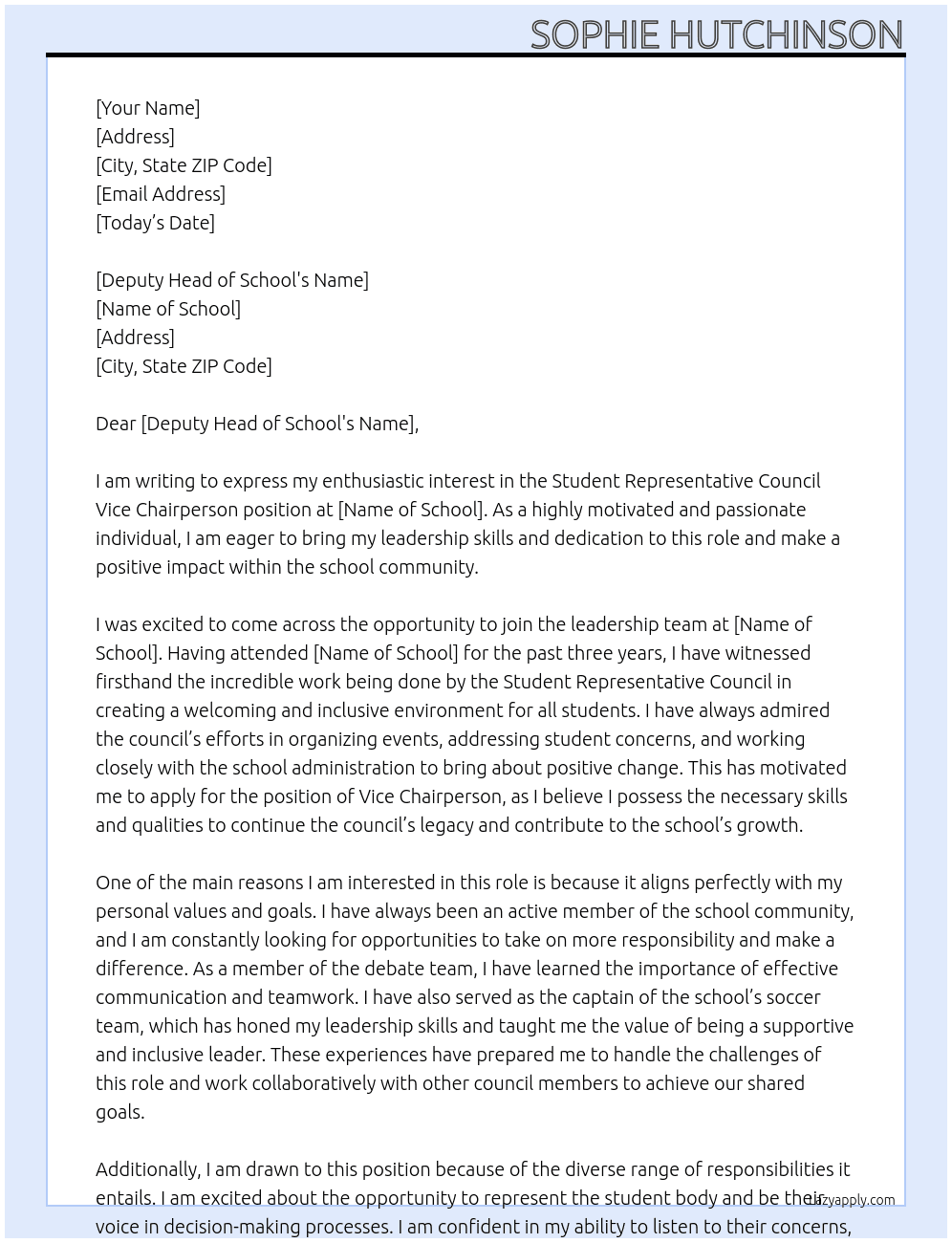 student representative council vice chair person At leadership position Cover Letter