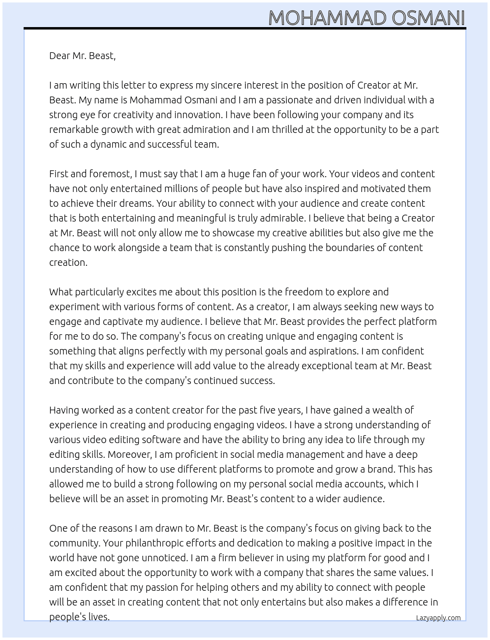 Creator At Mr. Beast Cover Letter