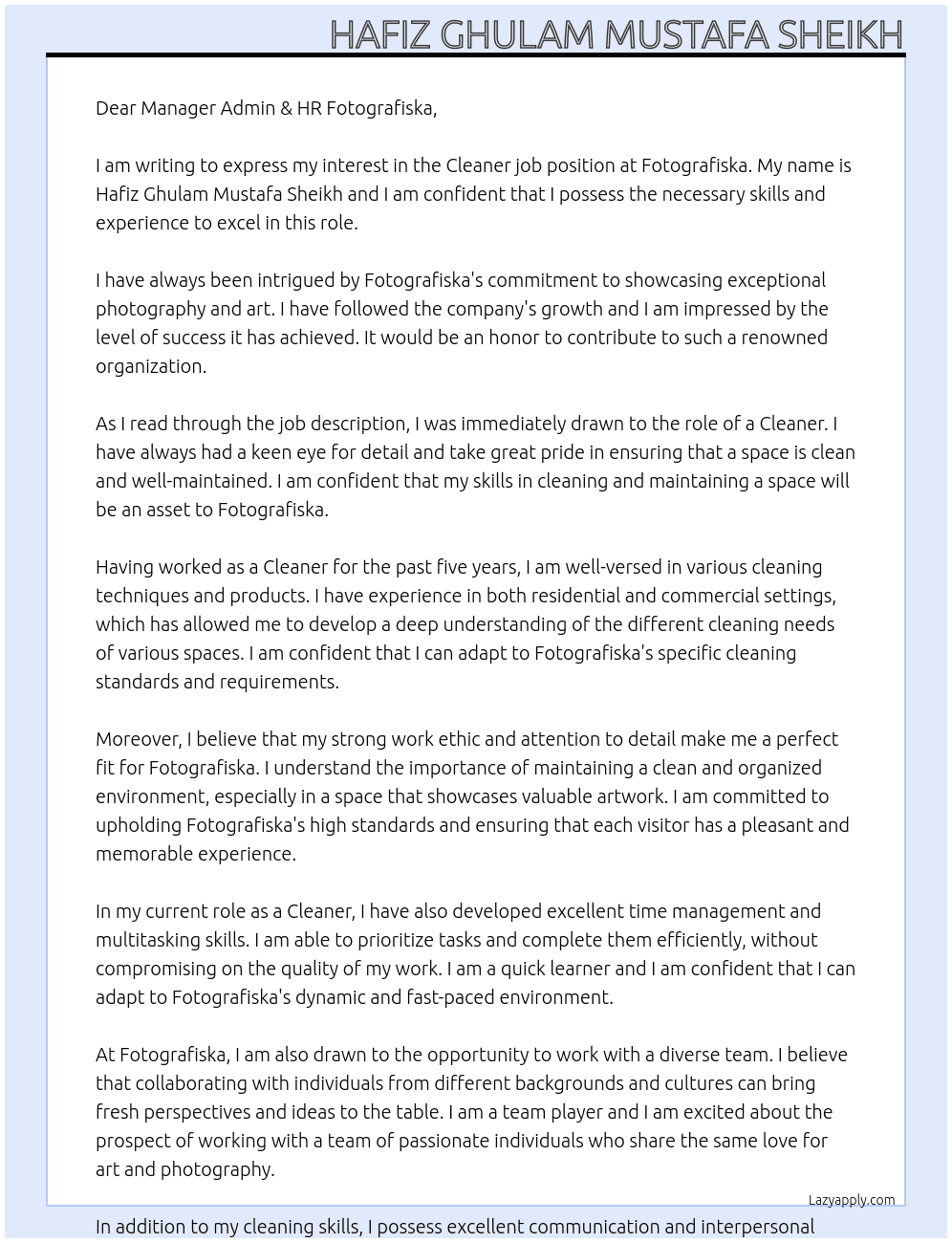 Cleaner Job At fotografiska Cover Letter