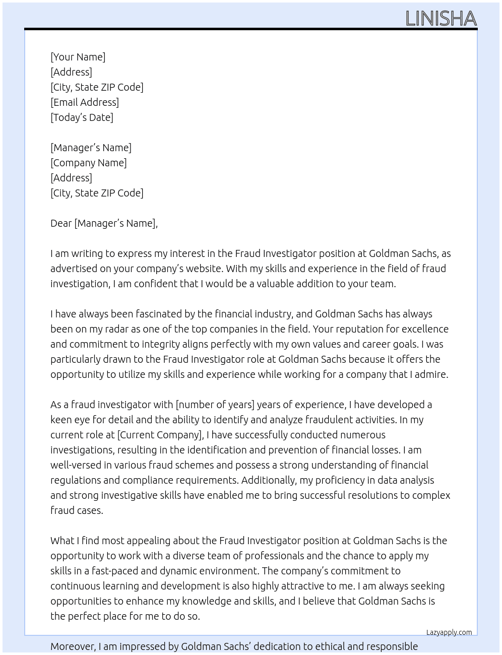 fraud investigator At goldman sachs Cover Letter