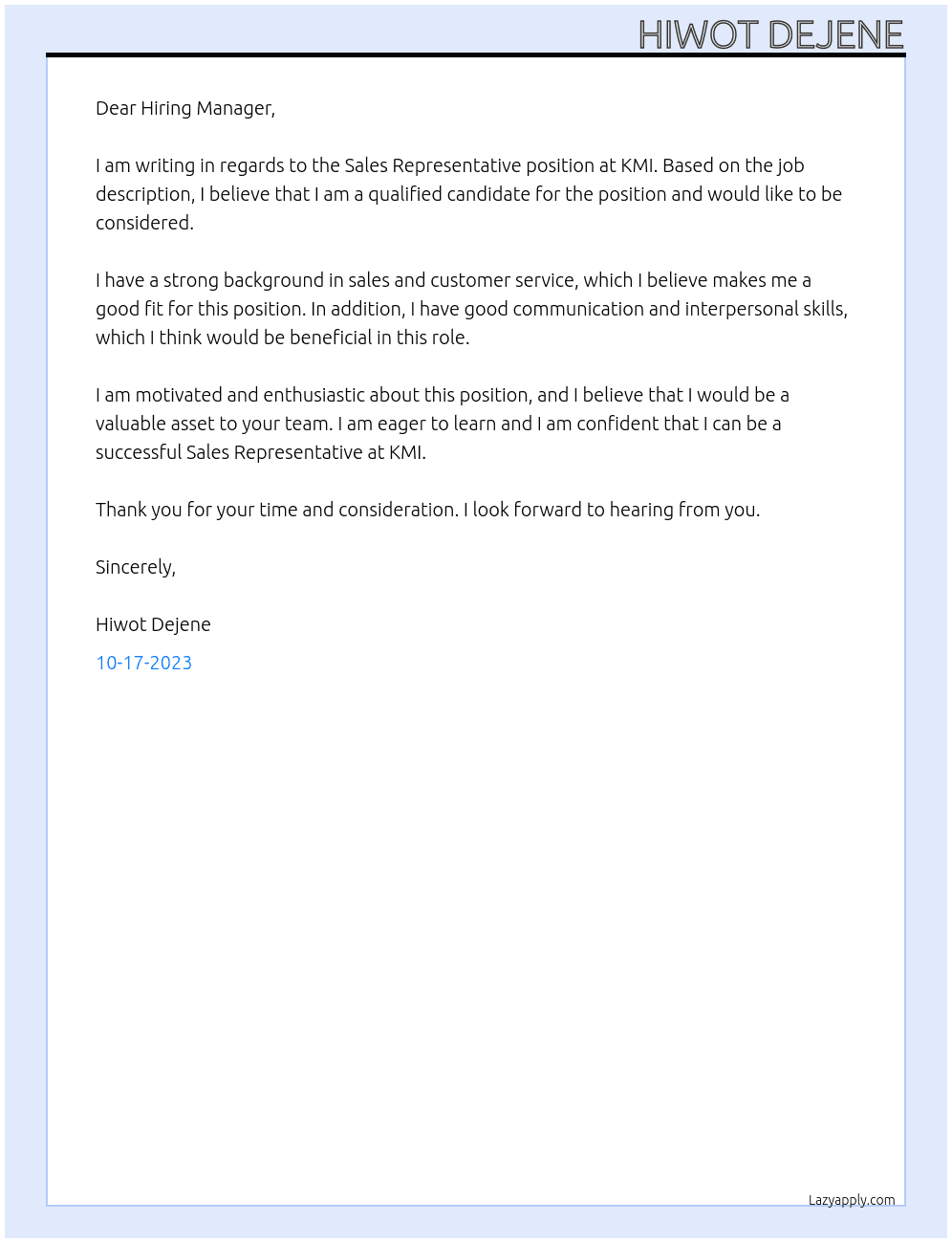 Sales Representative At KMI Cover Letter