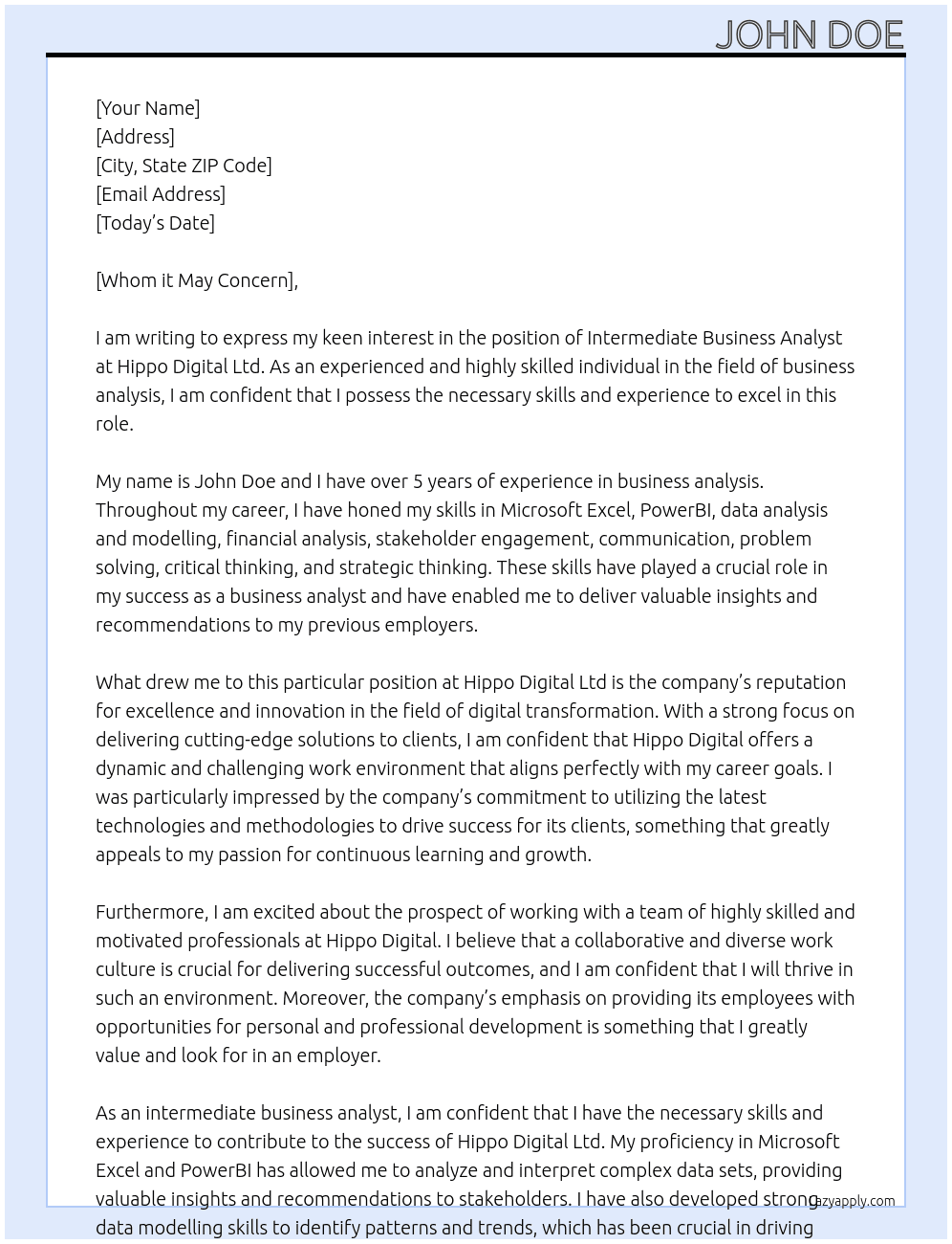 Intermediate Business Analyst At Hippo Digital Ltd Cover Letter