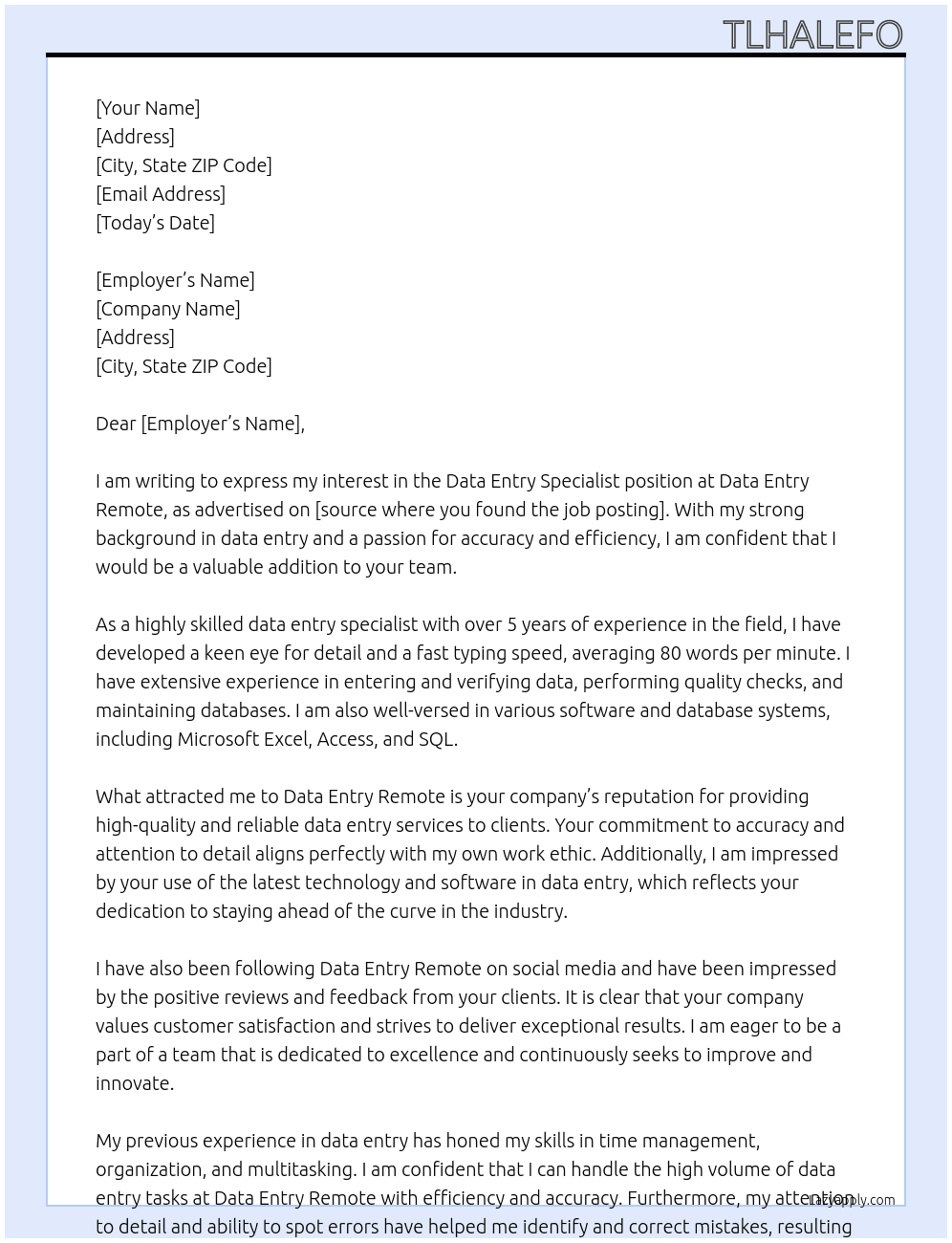 Data entry specialist  At Data entry remote  Cover Letter