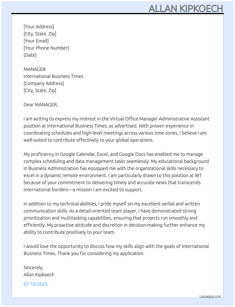 Virtual Office Manager Administrative Assistant At International Business Times Cover Letter
