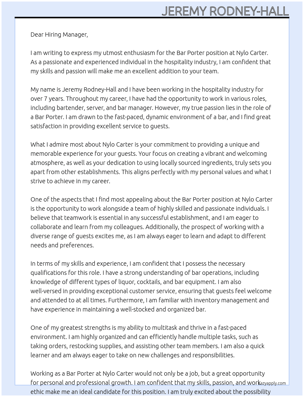 Bar Porter At Nylo Carter Cover Letter