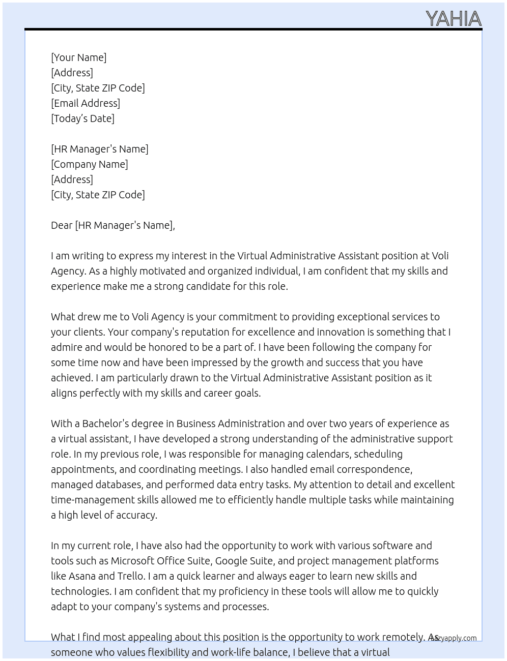 Virtual Administrative Assistant (Entry Level) At  Voli Agency Cover Letter