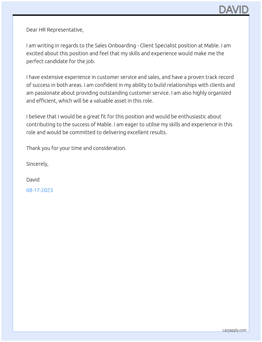 Sales Onboarding - Client Specialist At Mable Cover Letter