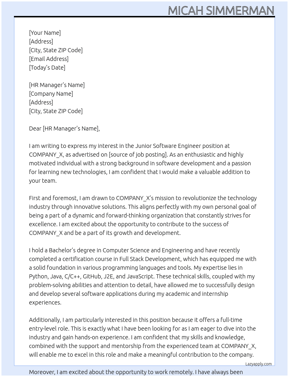 Junior Software Engineer At COMPANY_X Cover Letter
