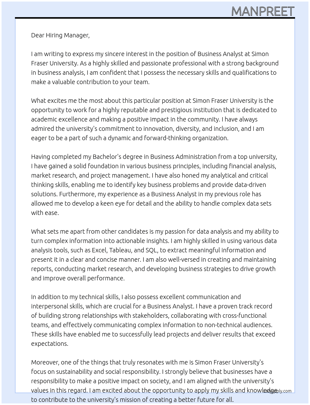 BUSINESS ANALYST At SIMON FRASER UNIVERSITY Cover Letter