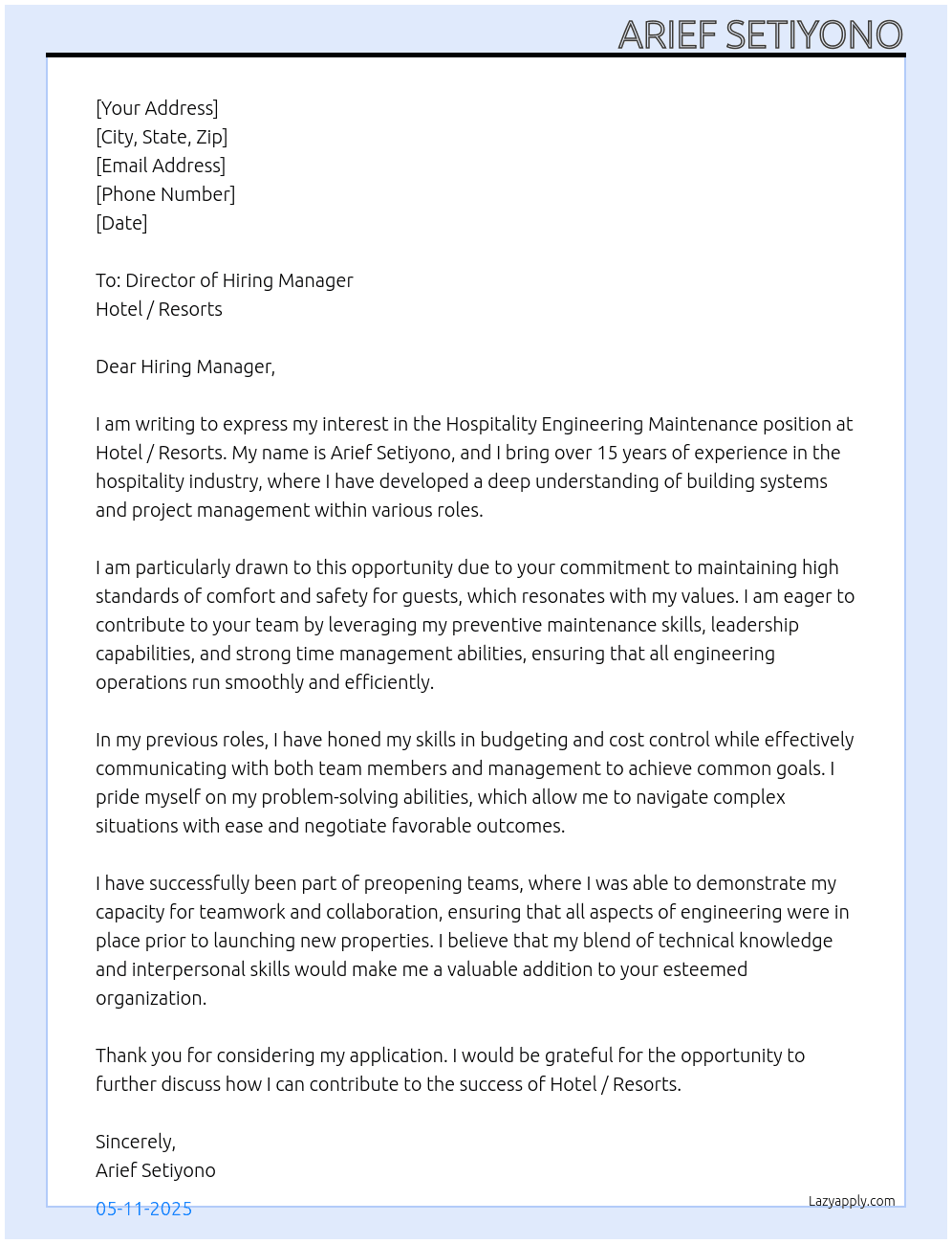 Cover letter for hospitality engineering maintenance - LazyApply