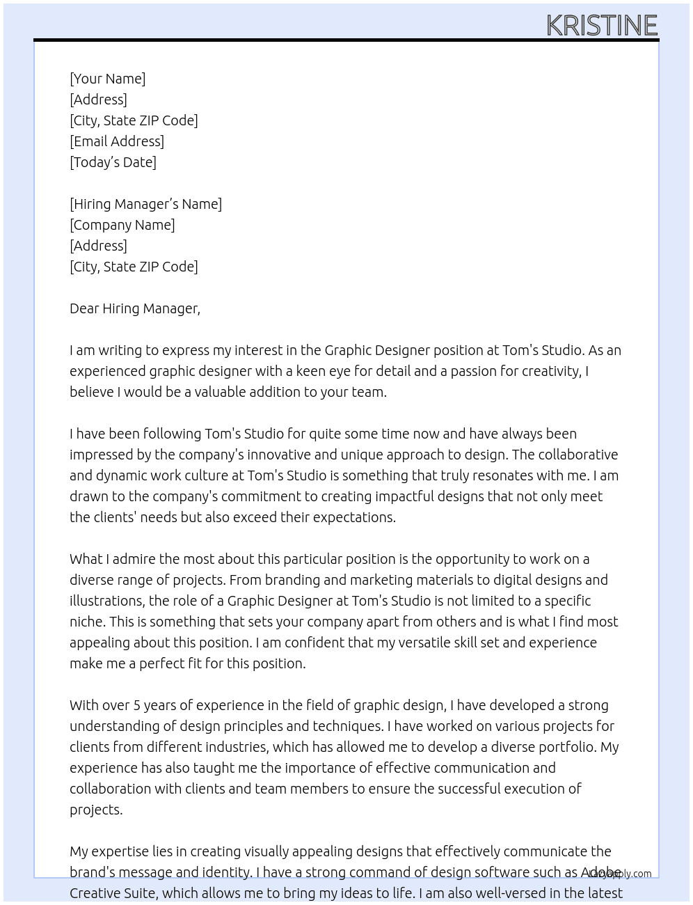 Graphic designer At Tom's Studio Cover Letter