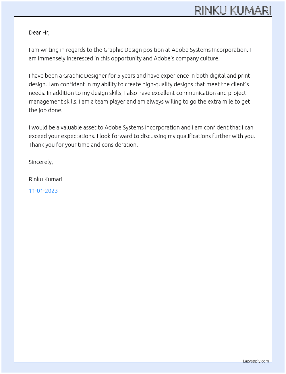 Graphic design At Adobe system incorporation Cover Letter