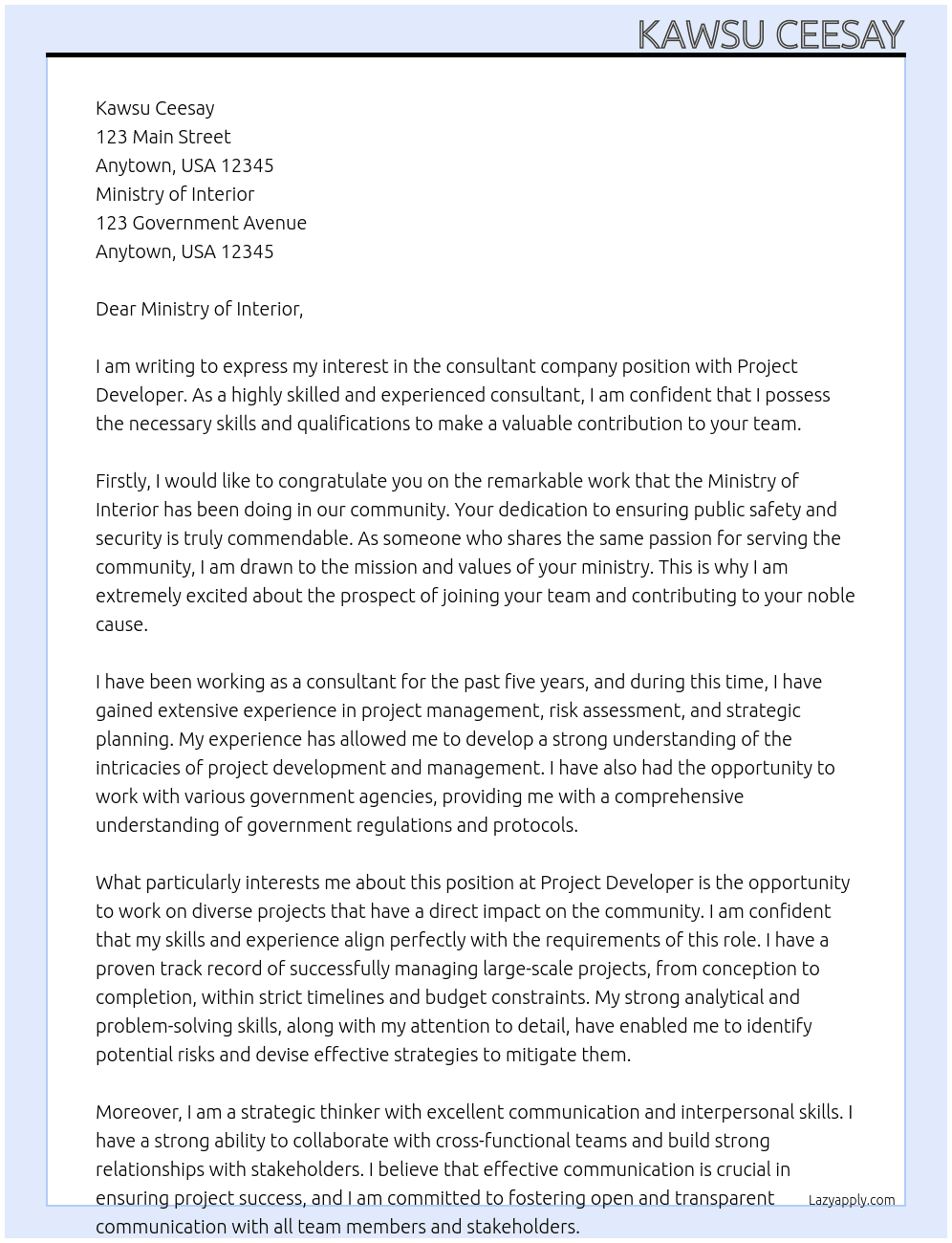 consultant company At project developer Cover Letter