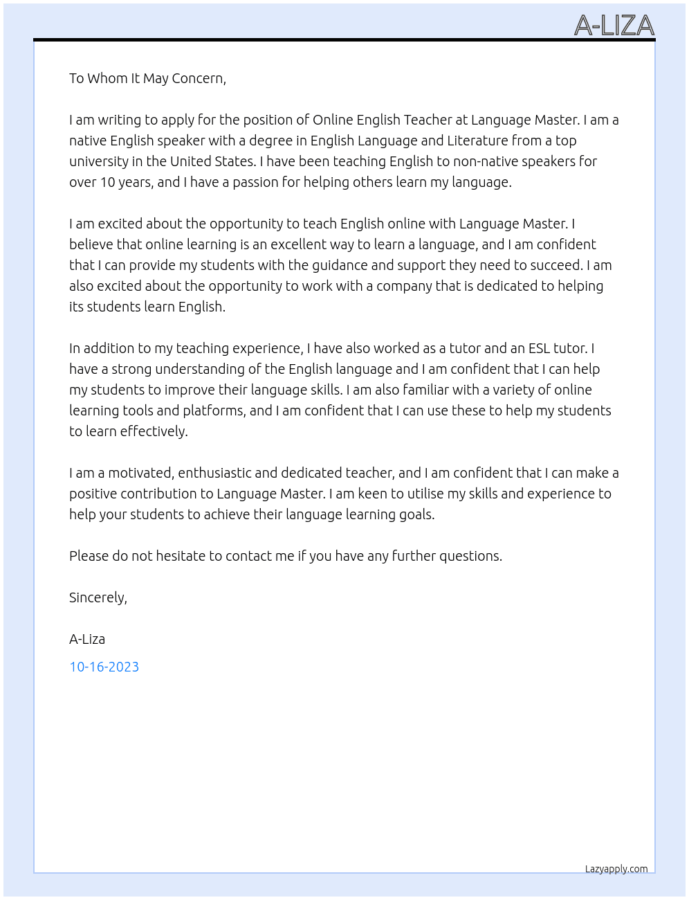 Online English Teacher At Language Master  Cover Letter