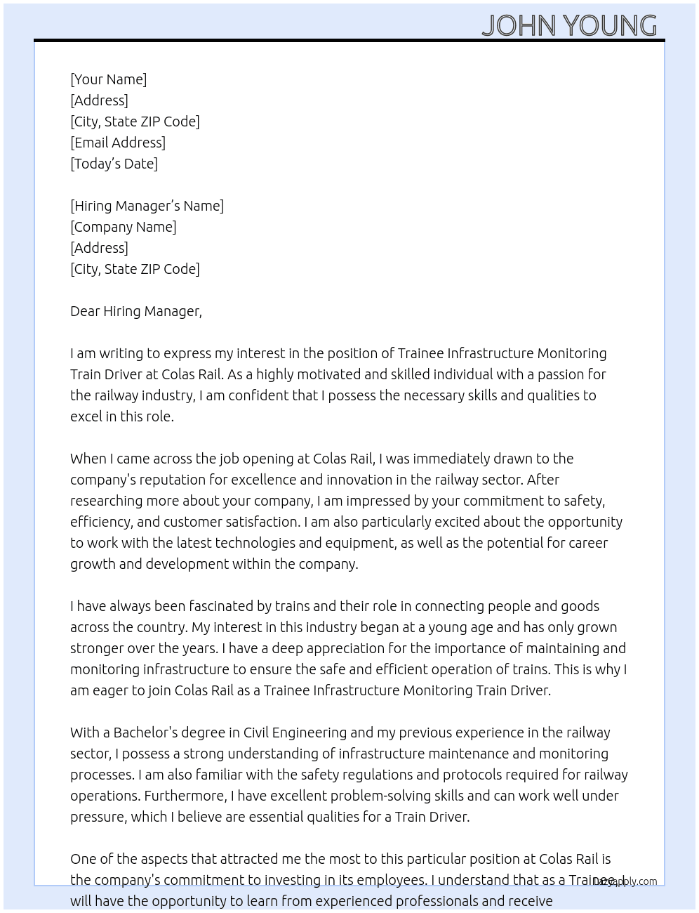 Trainee infrastructure monitoring train driver  At Colas rail  Cover Letter