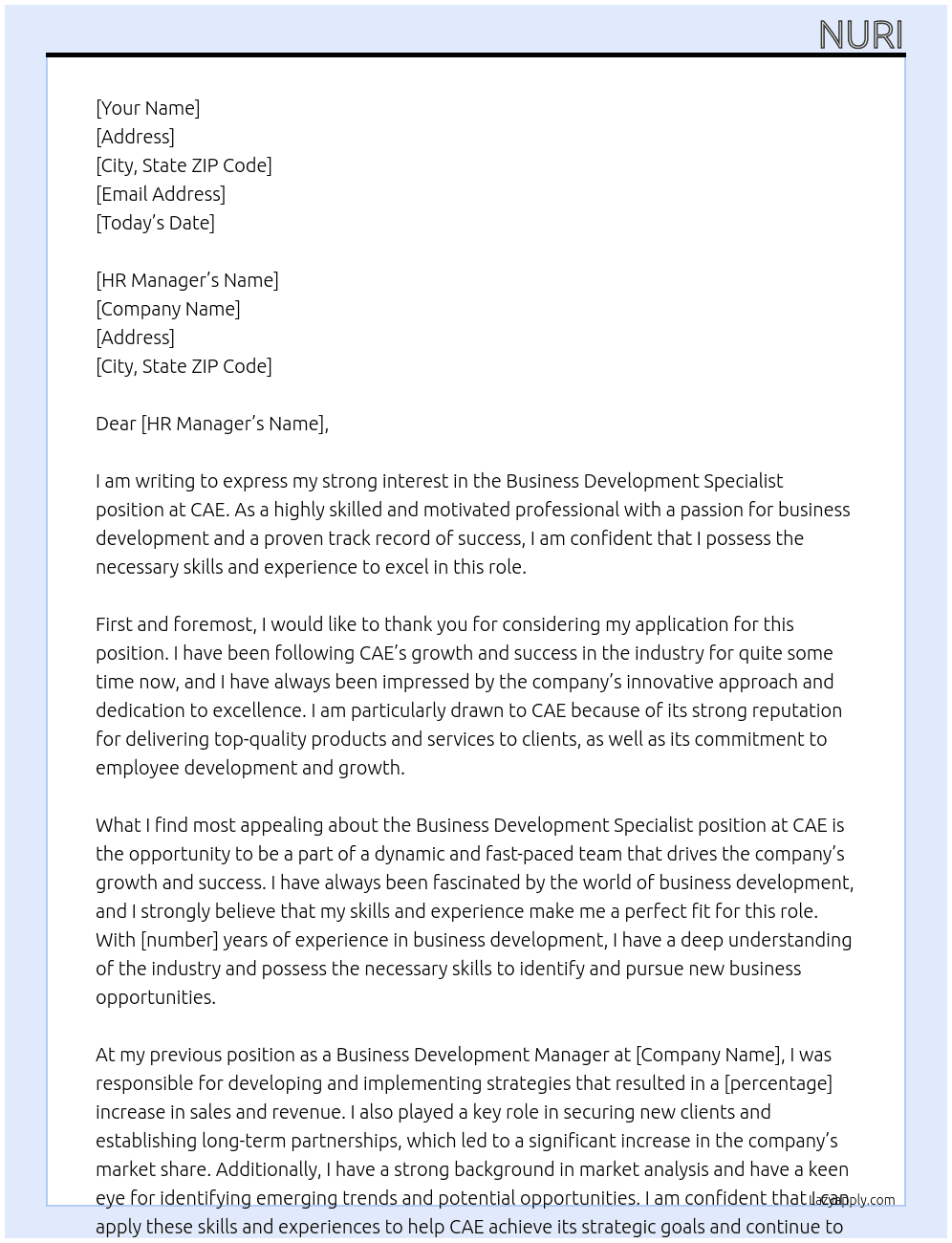 business development specialist At cae Cover Letter