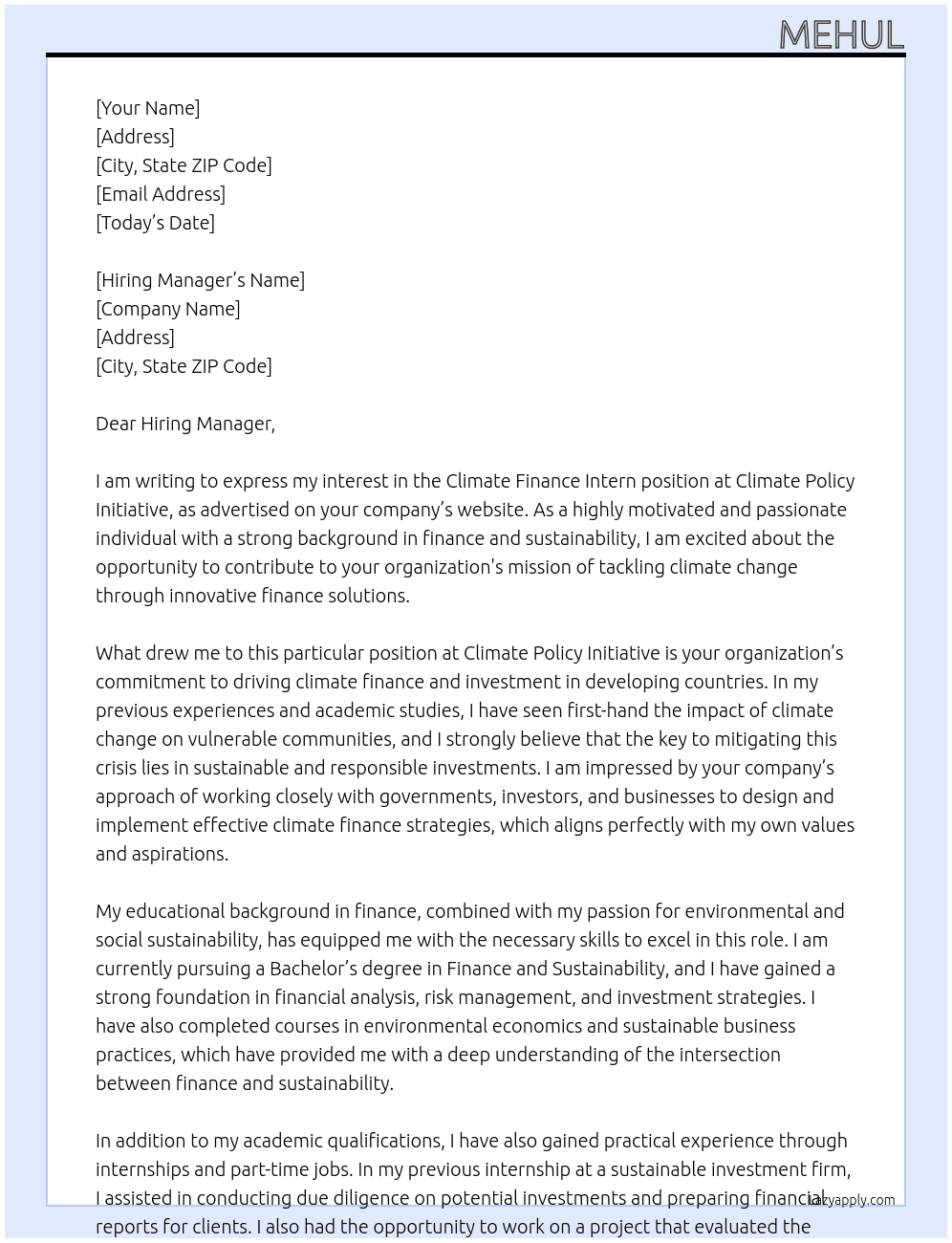 Climate Finance Intern At Climate Policy Initiative Cover Letter
