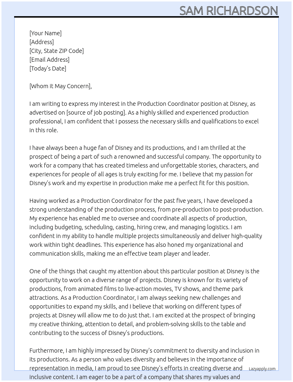 Production Coordinator At Disney Cover Letter
