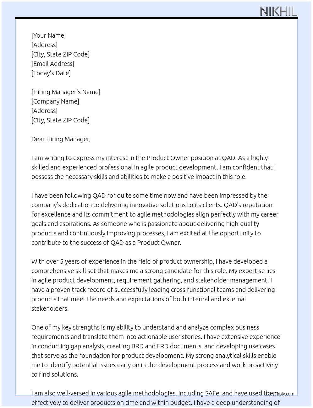 product owner At QAD Cover Letter
