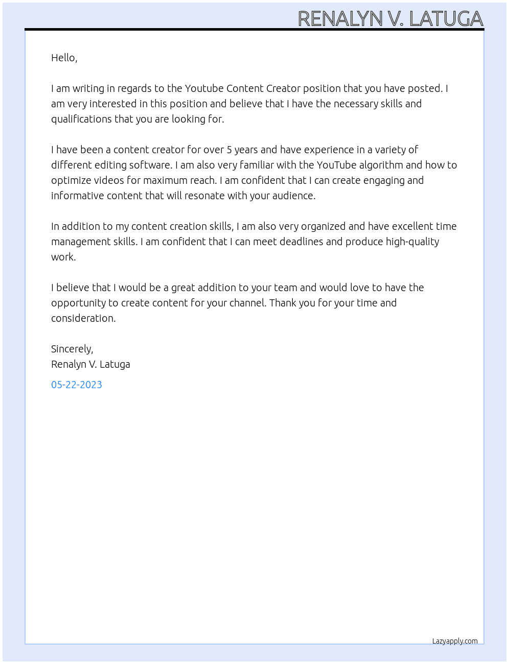 Youtube Content Creator At Video Editor  Cover Letter
