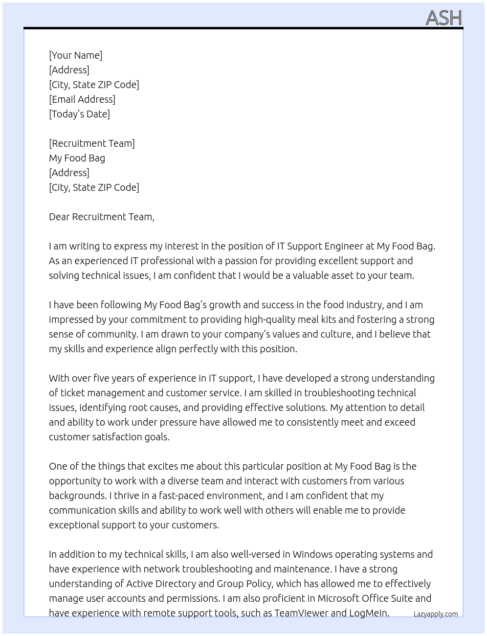 IT Support Engineer At My Food Bag Cover Letter