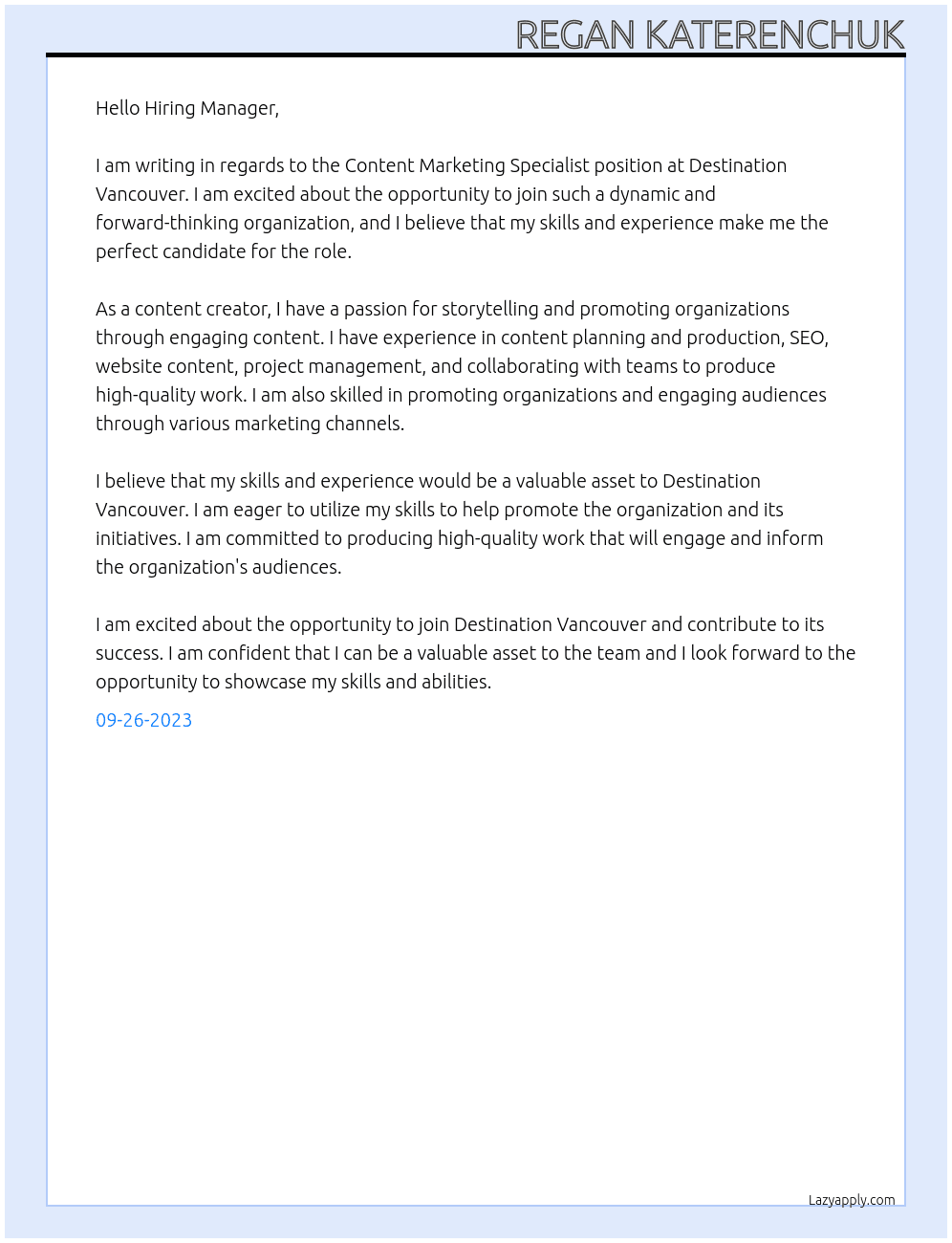 Content Marketing Specialist At Destination Vancouver Cover Letter