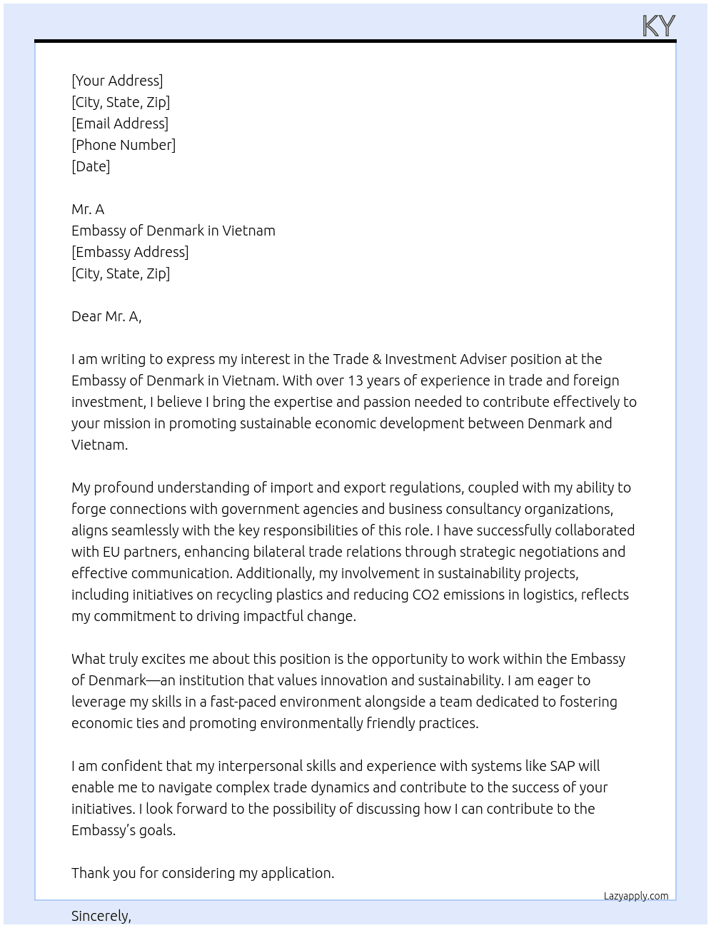 Cover letter for trade & investment adviser - LazyApply