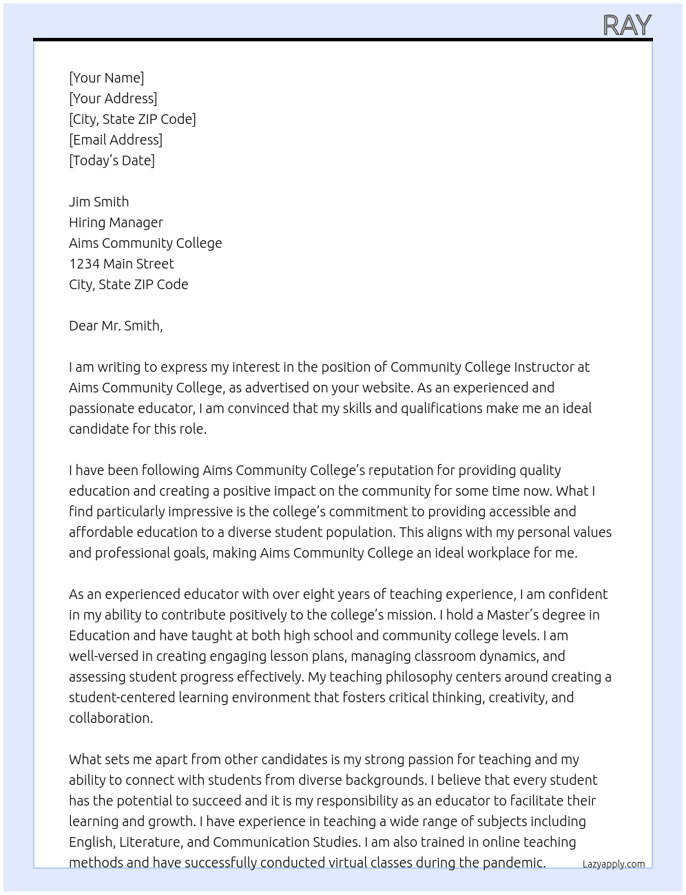 Community college instructor At Aims Community College Cover Letter