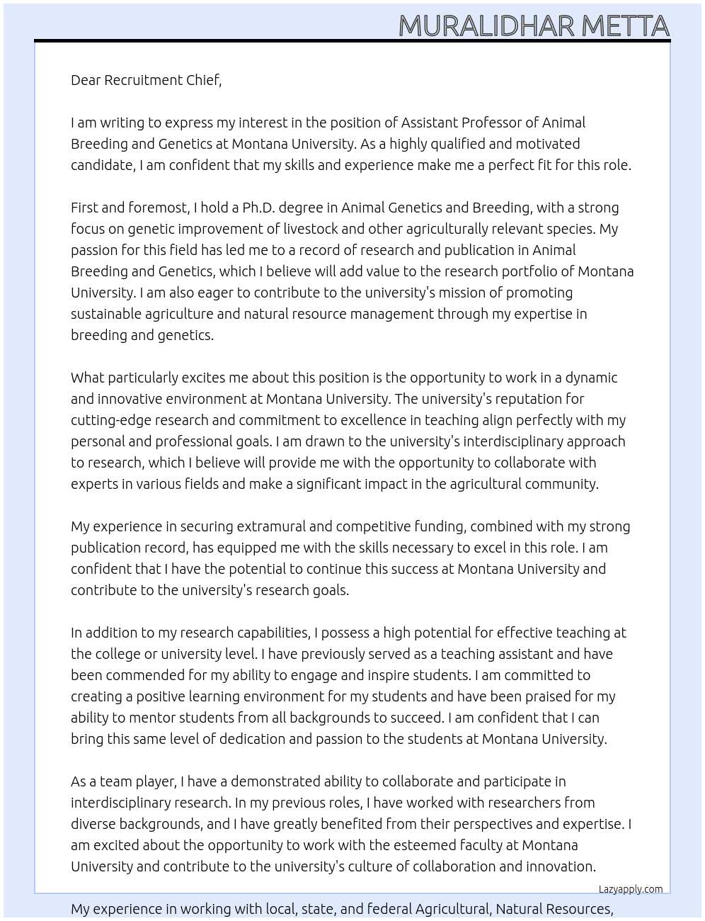 Assistant professor of Animal Breeding and Genetics At Montana University Cover Letter
