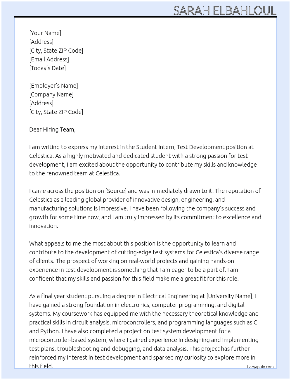 Student Intern, Test Development At celestica Cover Letter