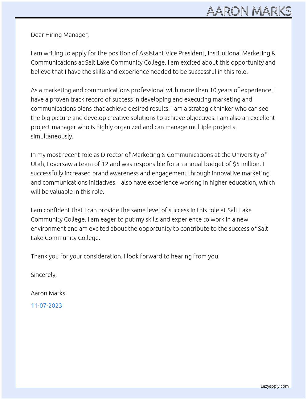 Assistant Vice President, Institutional Marketing & Communications At Salt Lake Community College Cover Letter