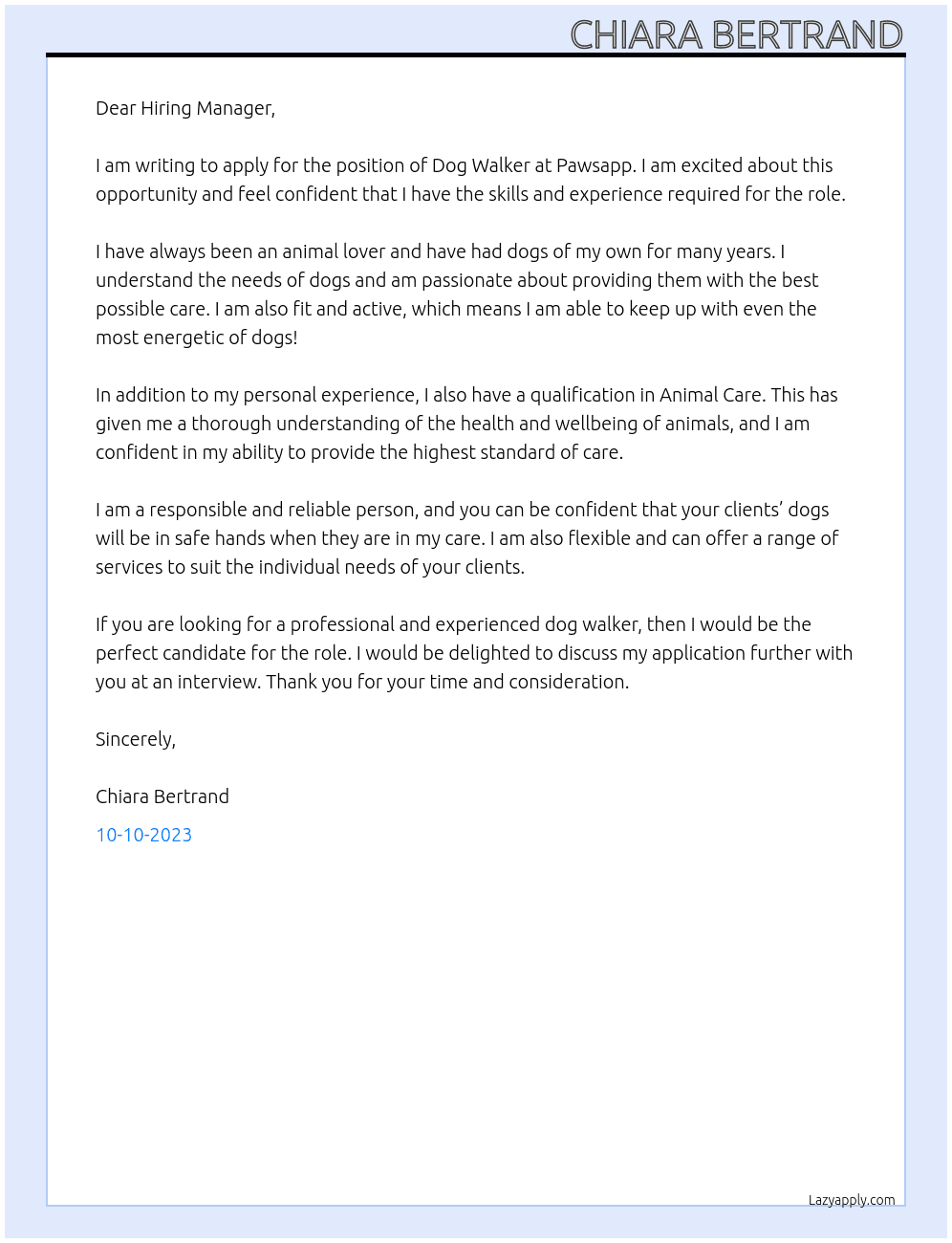 Dog Walker At Pawsapp Cover Letter