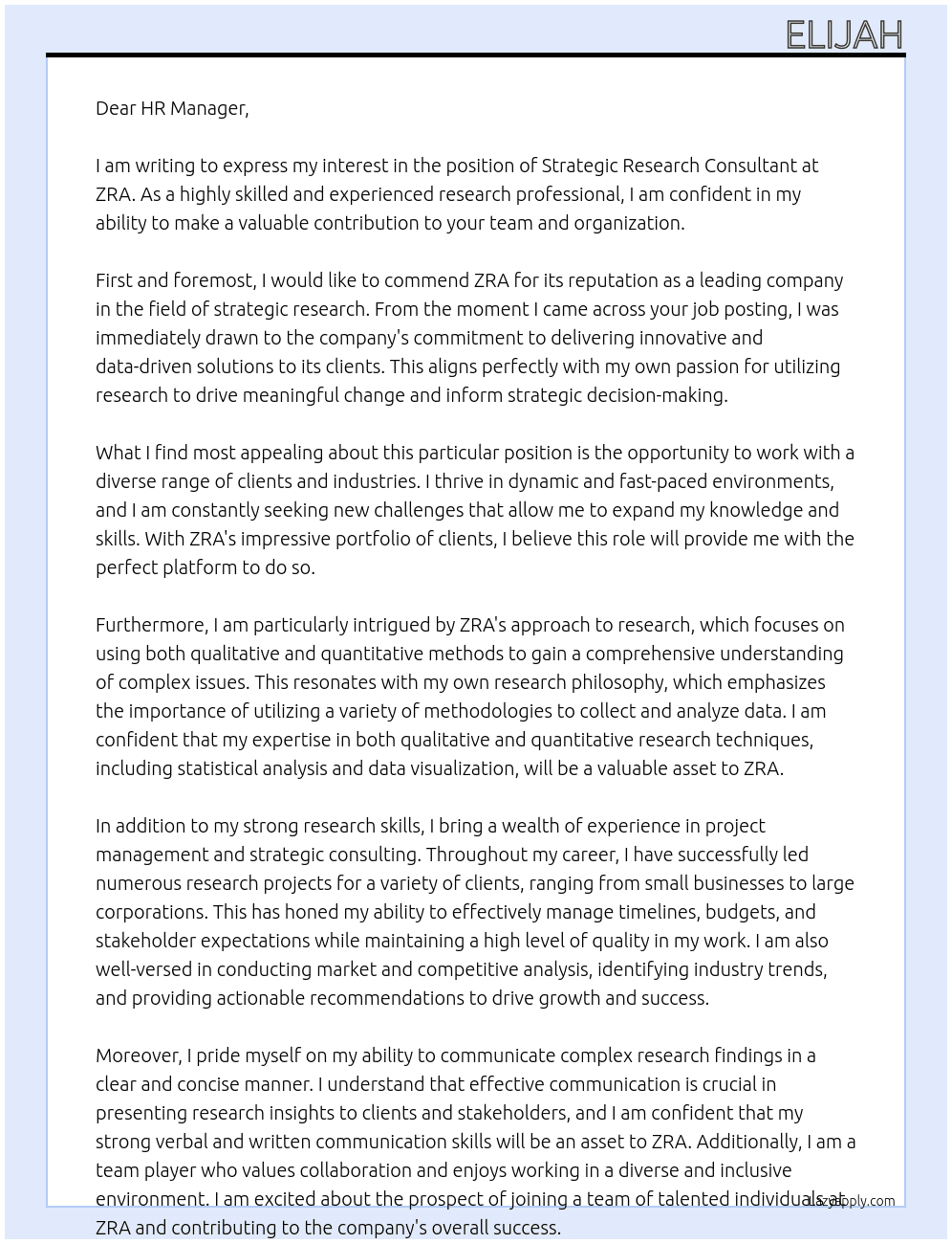 Strategic Research Consultant At ZRA Cover Letter