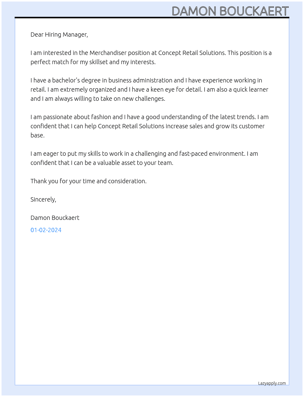 Merchandiser  At Concept Retail Solutions  Cover Letter