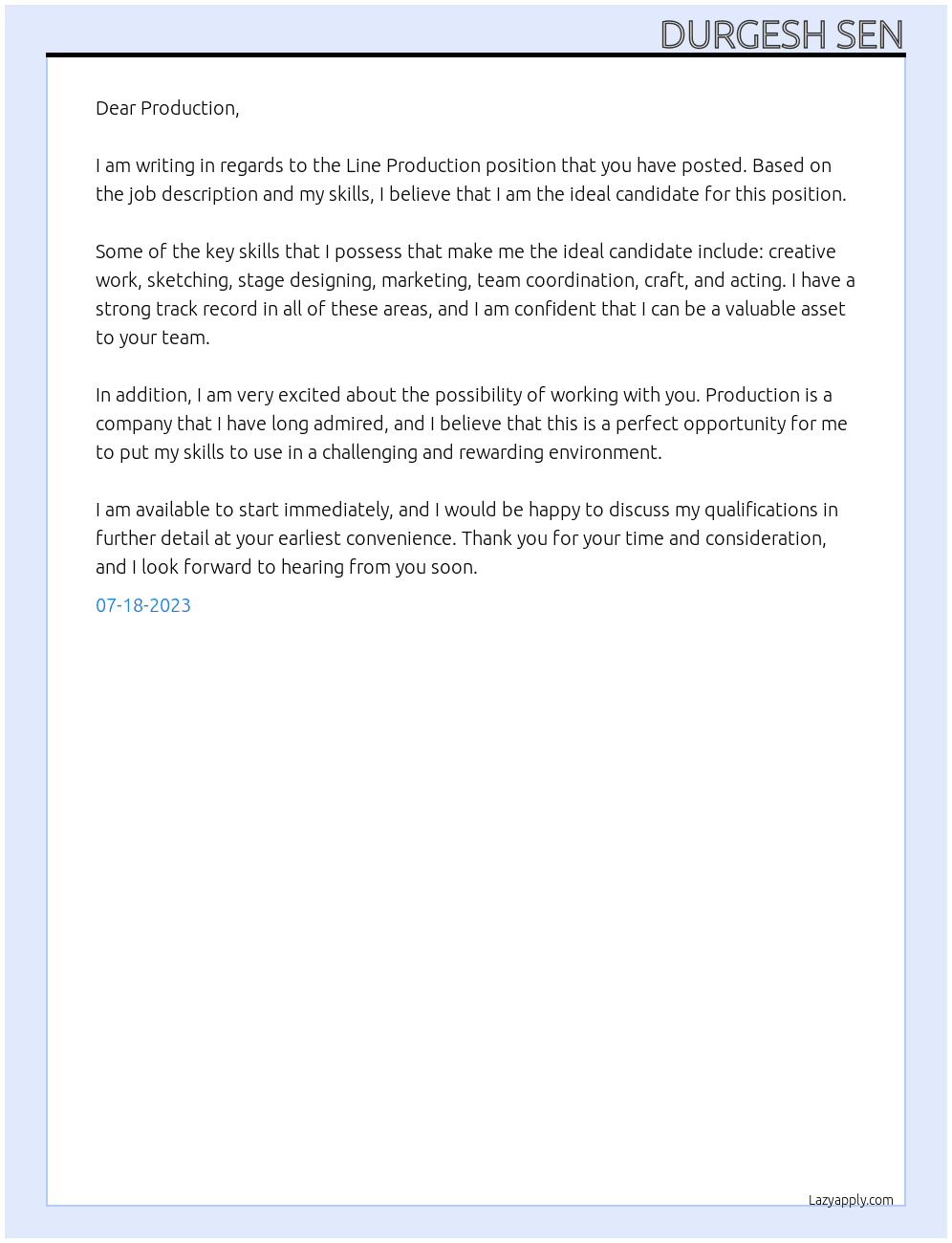 Line Production At Production Cover Letter