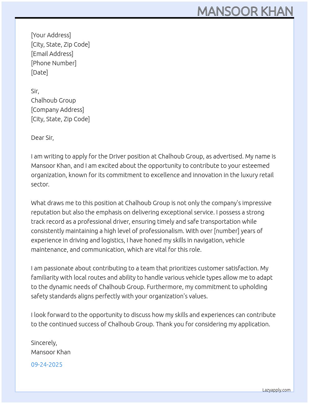 Driver At Chalhoub group Cover Letter