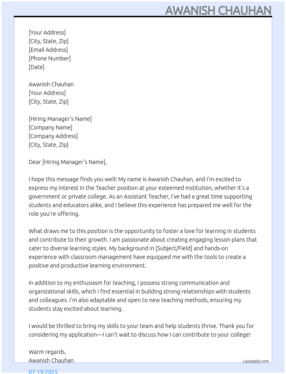 Teacher  At Government or private colleges  Cover Letter
