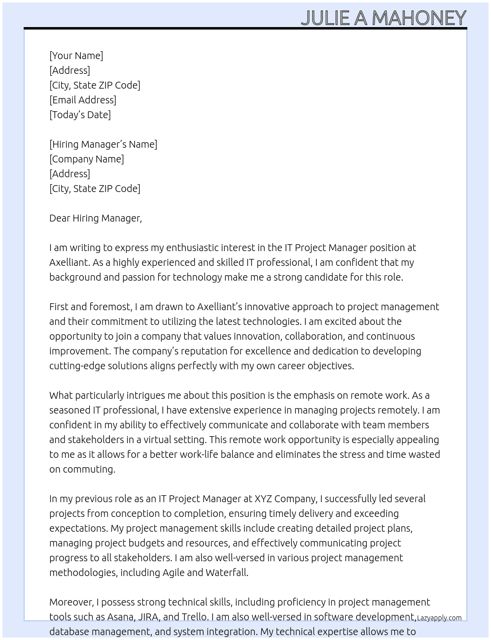 IT Project Manager At Axelliant Cover Letter