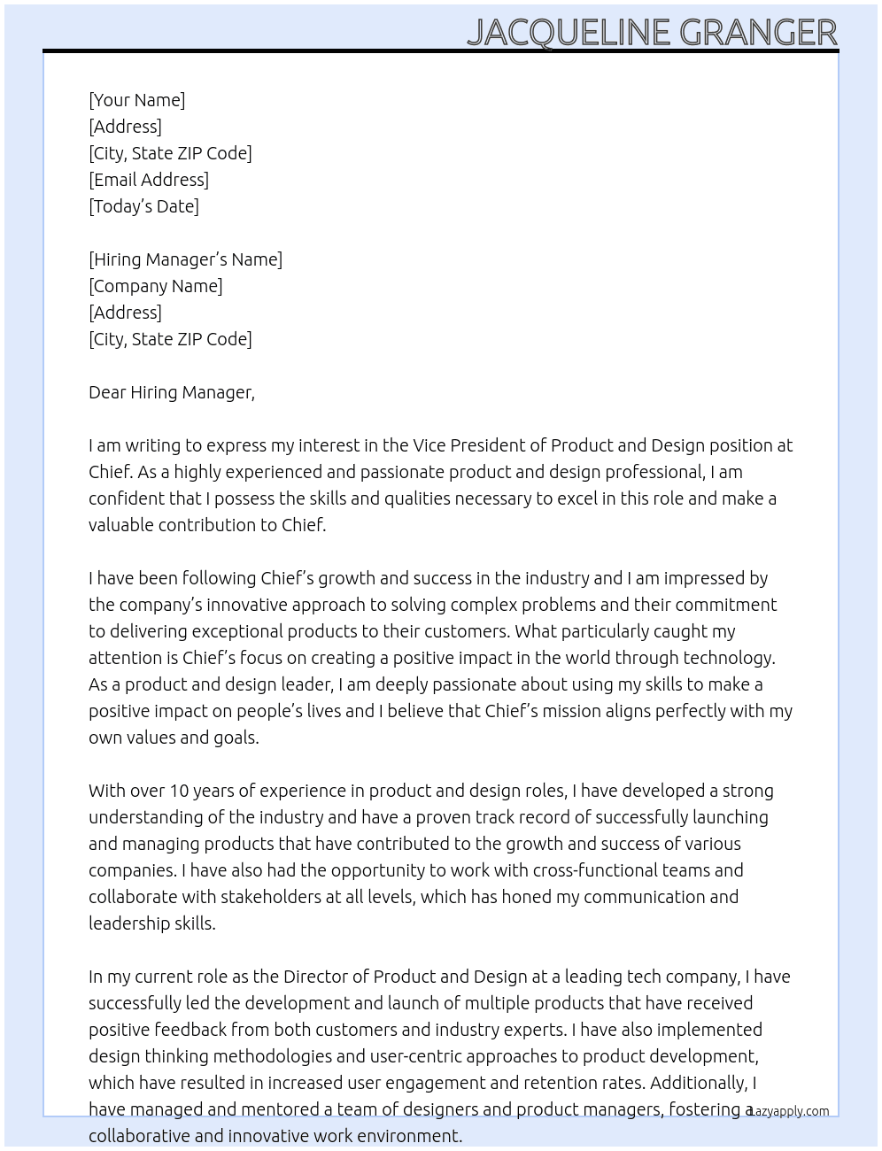 Vice President of Product and Design At Chief Cover Letter