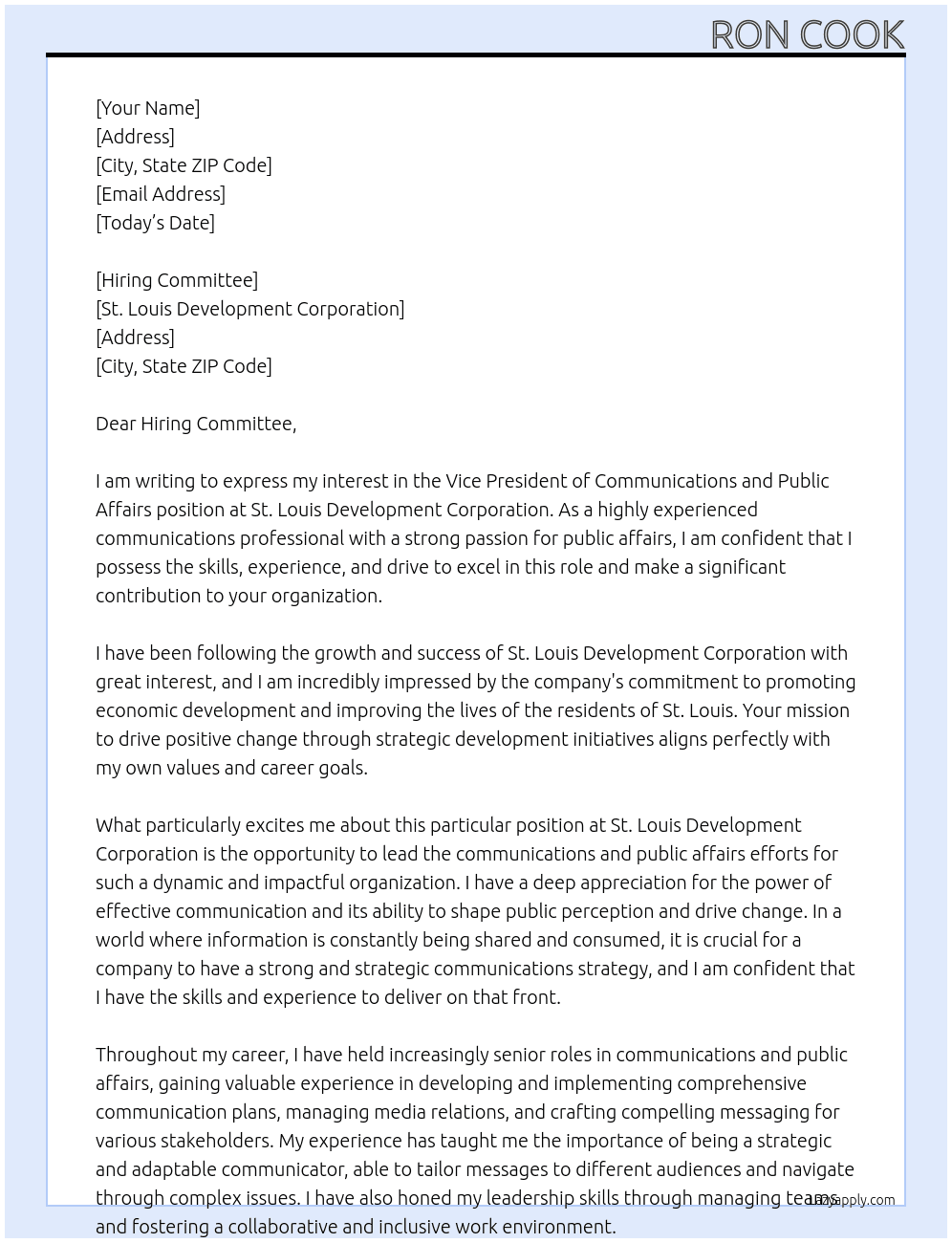 Vice President of Communications and Public Affairs At St. Louis Development Corporation Cover Letter