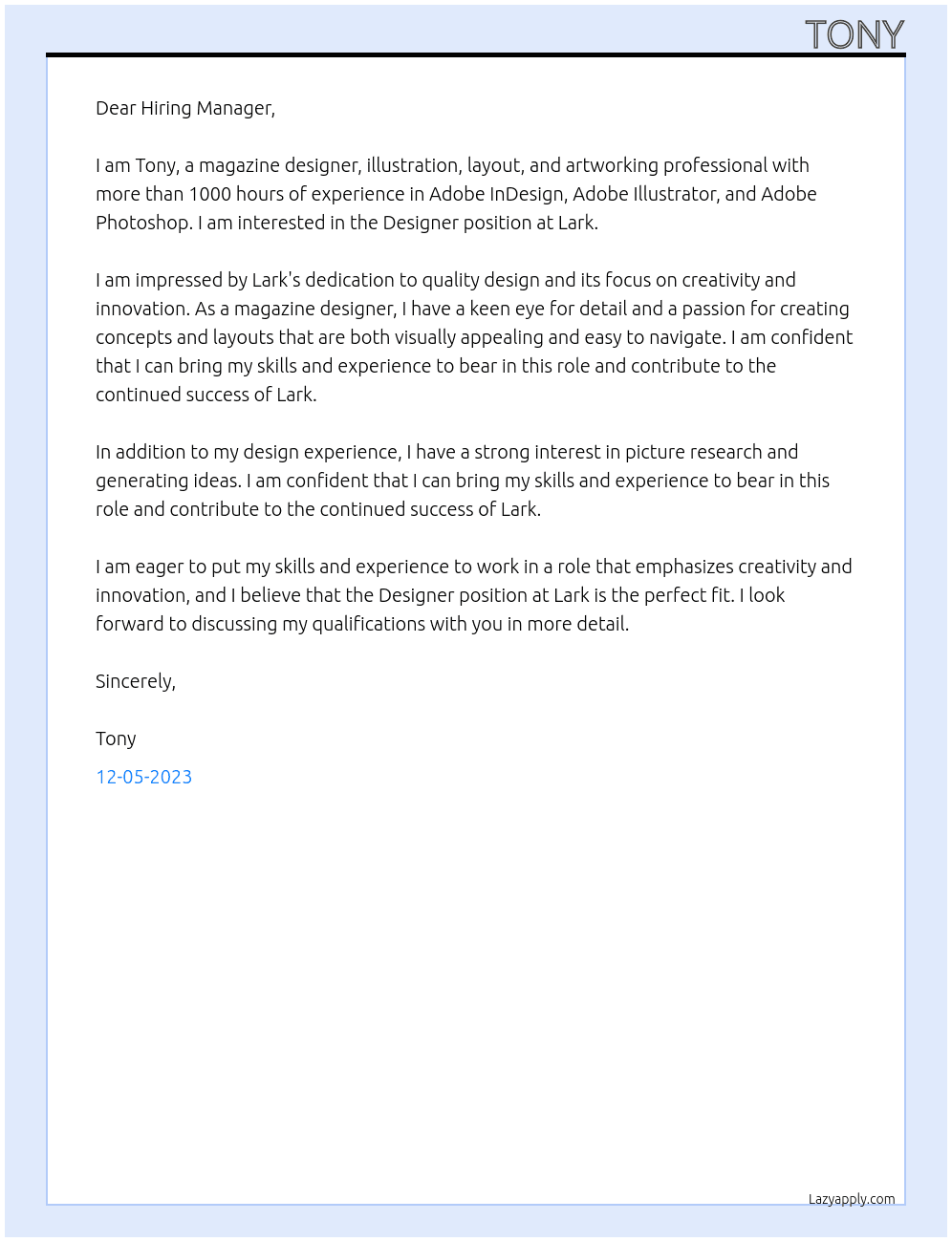 Designer At lark Cover Letter