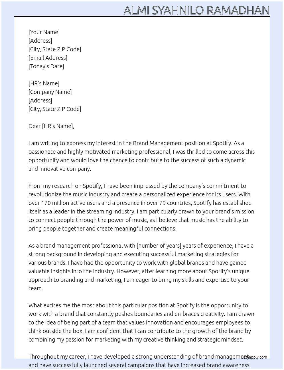 Brand management At spotify Cover Letter