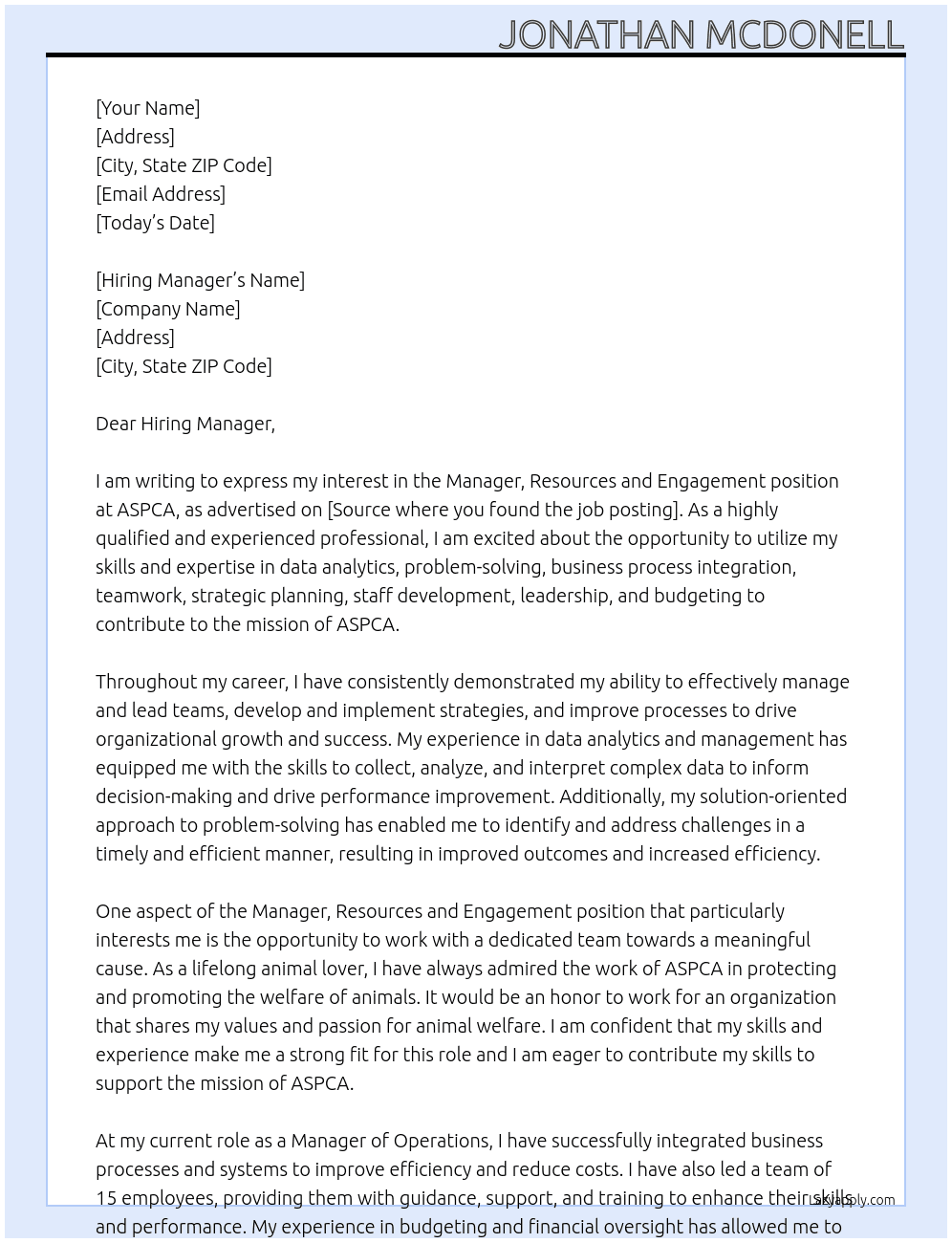 Manager, Resources and Engagement At ASPCA Cover Letter