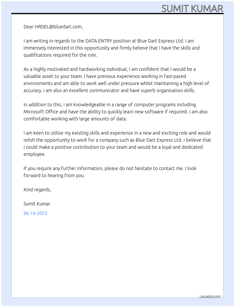 DATA ENTRY At Blue Dart Express Ltd. Cover Letter