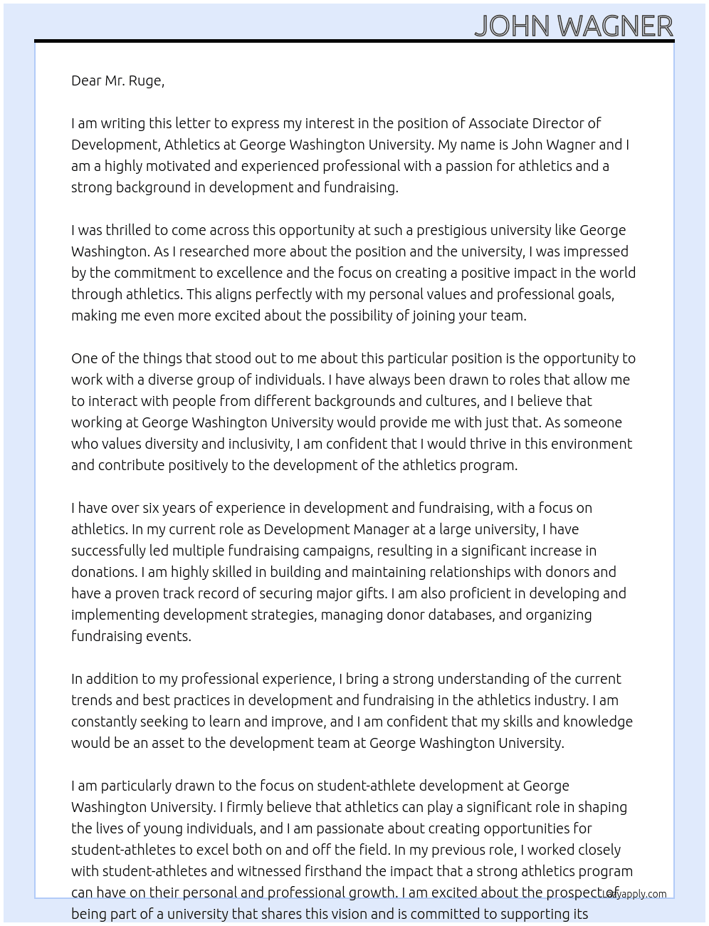 Associate Director of Development, Athletics At George Washington University Cover Letter