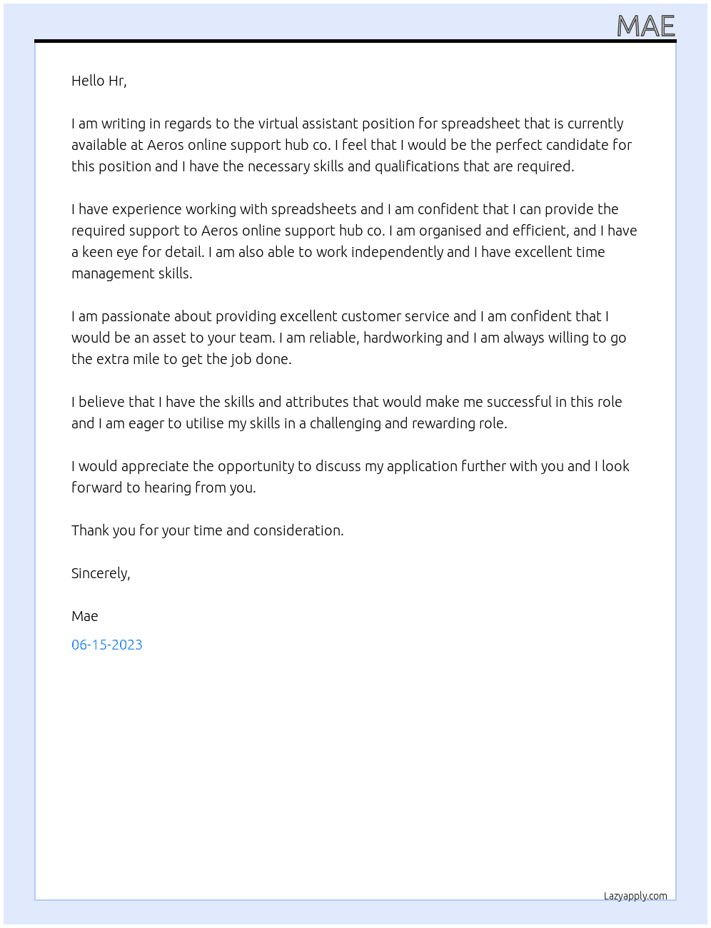 Virtual assistant for spreadsheet At Aeros online support hub co. Cover Letter