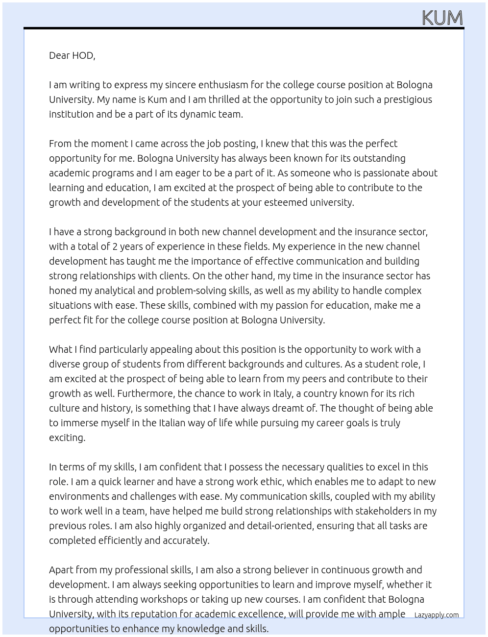 college course At bolonga university Cover Letter