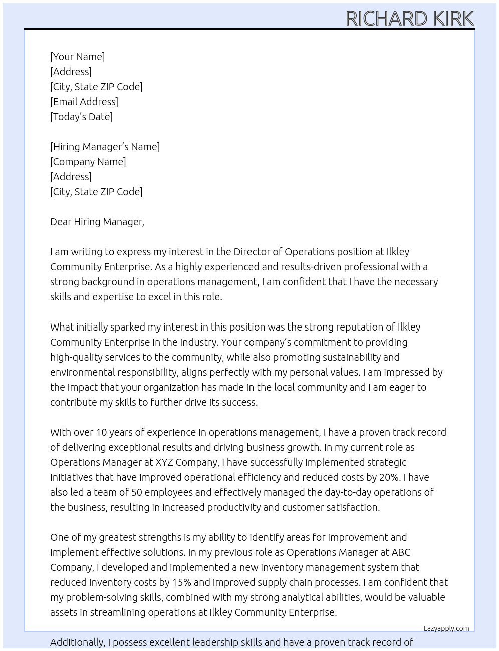 Director of Operations At Ilkley Community Enterprise Cover Letter