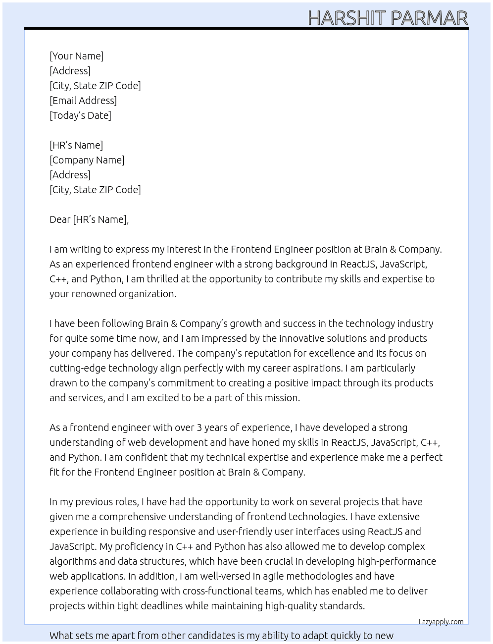 frontend engineer  At Brain & Company Cover Letter