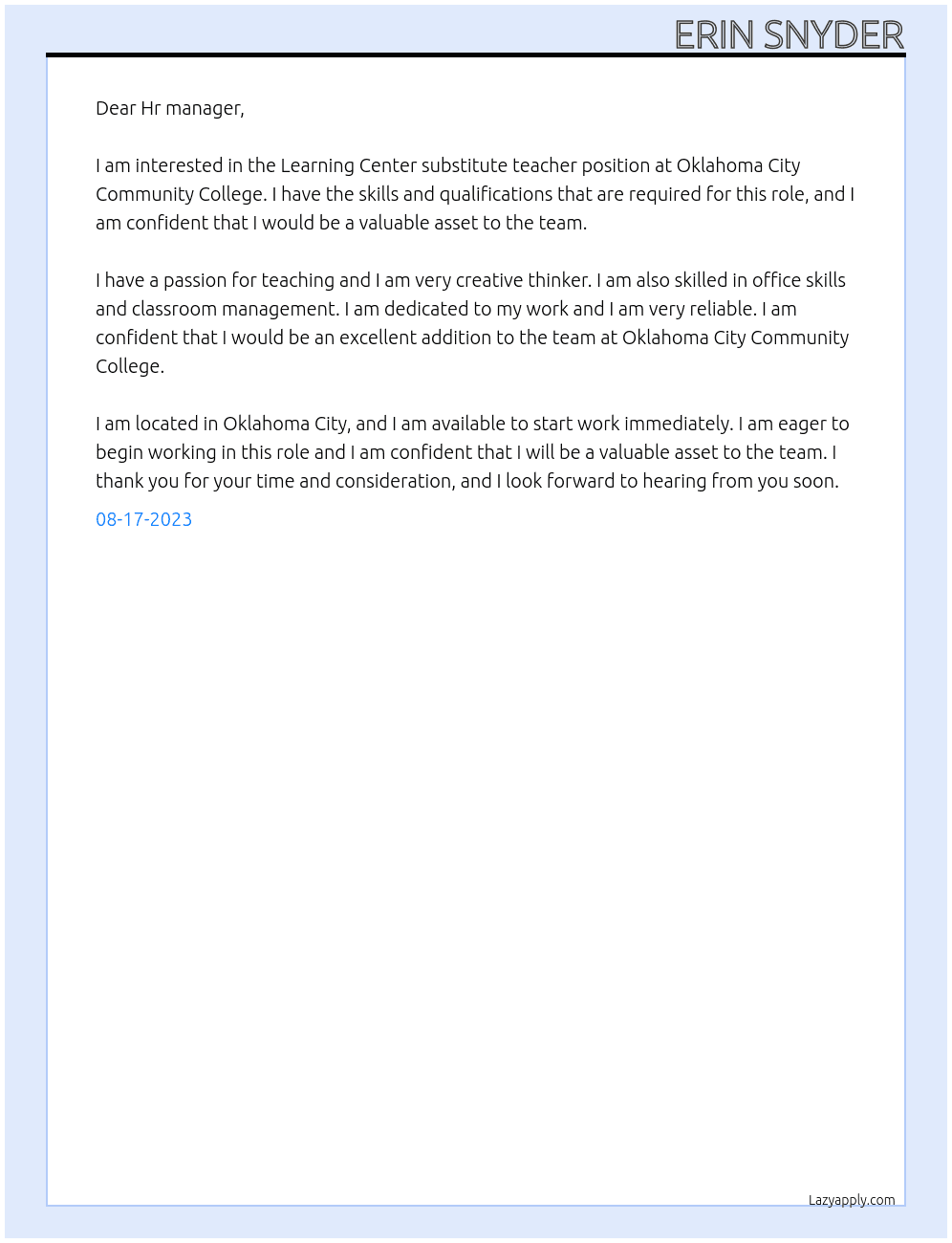 Learning Center substitute teacher At Oklahoma City Community College Cover Letter
